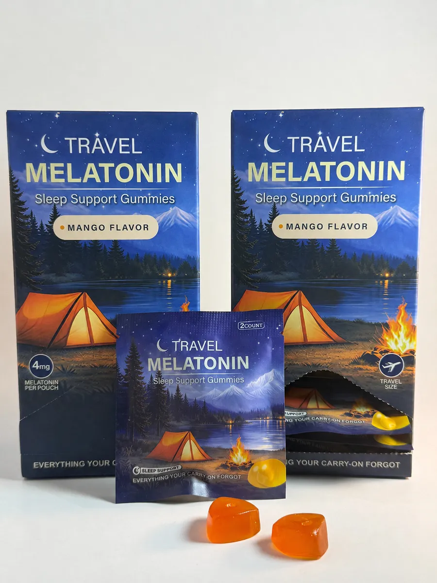 Travel Melatonin display boxes with individually packaged mango gummy pouches
